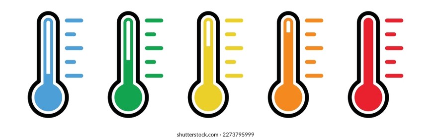 Temperature icon set. Temperature scale icon symbol. Weather sign. Thermometer icons. Warm and cold air temperature symbol in color style for apps and websites, vector illustration