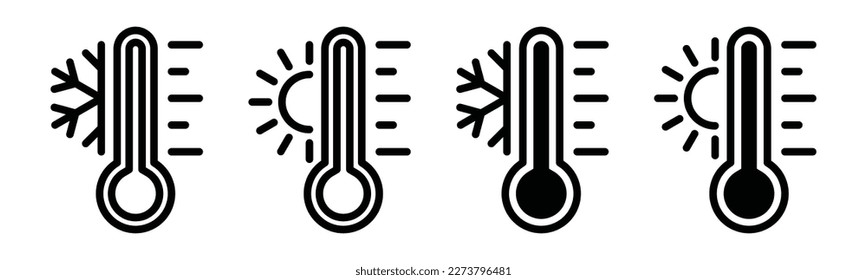 Temperature icon set. Temperature scale icon symbol. Weather sign. Thermometer icons. Warm and cold air temperature symbol in line and flat style for apps and websites, vector illustration