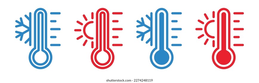 Temperature icon set. Temperature scale icon symbol. Weather sign. Thermometer icons. Warm and cold air temperature symbol in color style for apps and websites, vector illustration