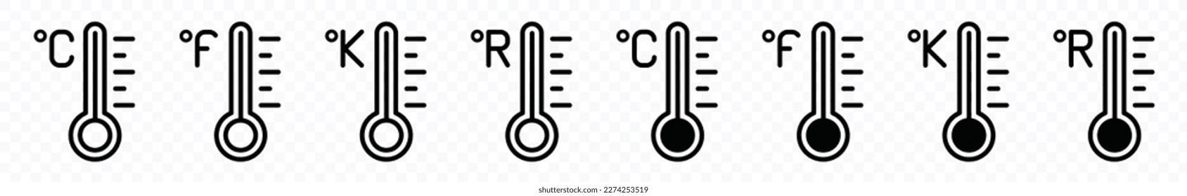 Temperature icon set. Temperature scale icon symbol. Weather sign. Thermometer icons. Warm and cold air temperature symbol in line and flat style for apps and websites, vector illustration