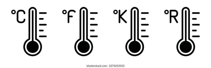 Temperature icon set. Temperature scale icon symbol. Weather sign. Thermometer icons. Warm and cold air temperature symbol in flat style for apps and websites, vector illustration