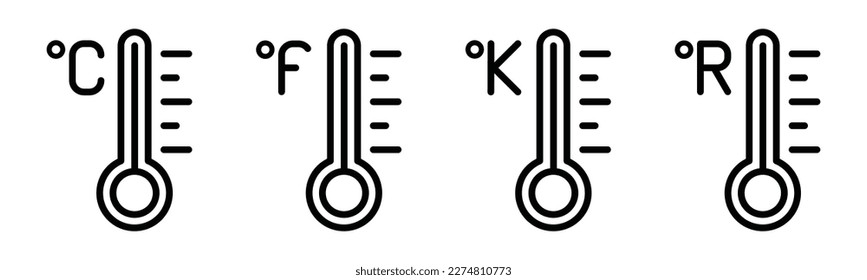 Temperature icon set. Temperature scale icon symbol. Weather sign. Thermometer icons. Warm and cold air temperature symbol in line style for apps and websites, vector illustration