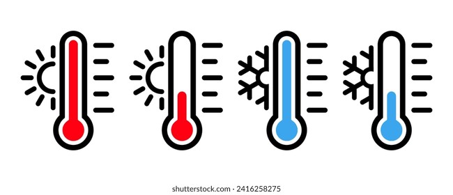 Temperature icon set. Temperature scale icon symbol. Weather sign. Thermometer icons. Hot and cold air temperature symbol in line and flat style for apps and websites, vector illustration