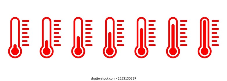 Temperature icon set. Temperature scale symbol. Weather sign. Thermometer icons. Fast boiling, lowest and highest temperature icon symbol. Hot and cold air temperature symbol in line and flat vector.