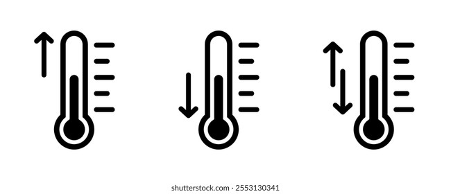 Temperature icon set. Temperature scale symbol. Weather sign. Thermometer icons. Fast boiling, lowest and highest temperature icon symbol. Hot and cold air temperature symbol in line and flat vector.