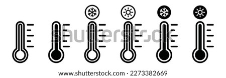 Temperature icon set. Temperature scale icon symbol. Weather sign. Thermometer icons. Warm and cold air temperature symbol in line and flat style for apps and websites, vector illustration