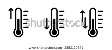 Temperature icon set. Temperature scale symbol. Weather sign. Thermometer icons. Fast boiling, lowest and highest temperature icon symbol. Hot and cold air temperature symbol in line and flat vector.