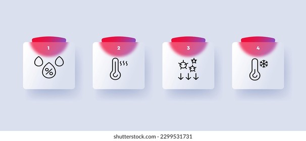 Juego de iconos de temperatura. Termómetro que muestra una gama de temperaturas desde el calor hasta el frío. El concepto del tiempo. Estilo de glasmorfismo. Icono de línea de vector para negocios y publicidad