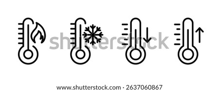 Temperature icon. Thermometer with flame, snowflake, arrows vector illustration. Weather forecast and climate control symbol. Hot and cold temperature fluctuation sign. Degree measurement pictogram