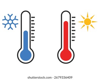 Icono de temperatura, termómetro, copo de nieve y símbolo de icono de sol. Conjunto de Vector de ícono caliente y frío.  Copo de nieve y fuego, temperatura del aire de la llama, Clima, símbolo. Signo de calefacción y refrigeración. Ilustración vectorial.