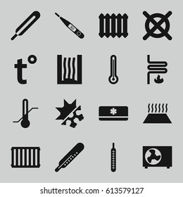Temperature icons set. set of 16 temperature filled icons such as thermometer, no dry cleaning, themometer, heating system, air conditioner, cold and hote mode, radiator