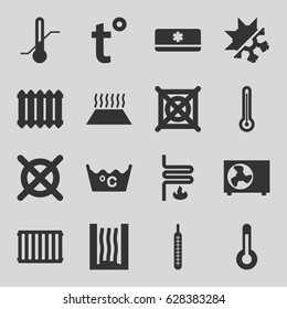 Temperature icons set. set of 16 temperature filled icons such as laundry, no dry cleaning, thermometer, heating system, air conditioner, temperature, cold and hote mode