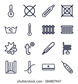 temperature icons set. Set of 16 temperature outline icons such as thermometer, laundry, no dry cleaning, heating system, air conditioner, temperature, cold and hote mode
