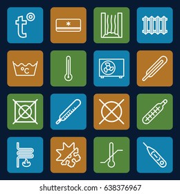 Temperature icons set. set of 16 temperature outline icons such as thermometer, laundry, no dry cleaning, themometer, heating system, air conditioner, cold and hote mode