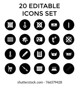 Temperature icons. set of 20 editable filled temperature icons such as thermometer, laundry, no dry cleaning, heating system, air conditioner, temperature, cold and hote mode