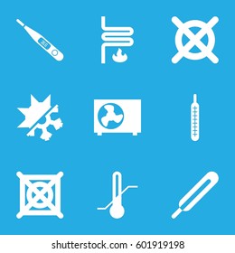temperature icons set. Set of 9 temperature filled icons such as no dry cleaning, themometer, thermometer, heating system, air conditioner