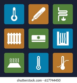 Temperature icons set. set of 9 temperature filled icons such as thermometer, heating system, air conditioner, temperature, radiator