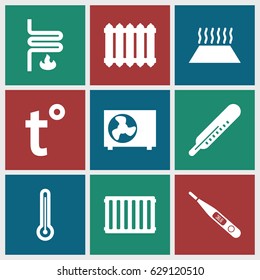 Temperature icons set. set of 9 temperature filled icons such as thermometer, heating system, air conditioner, radiator, heating system in car