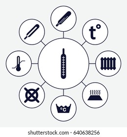 Temperature icons set. set of 9 temperature filled icons such as thermometer, laundry, no dry cleaning, themometer, radiator, heating system in car