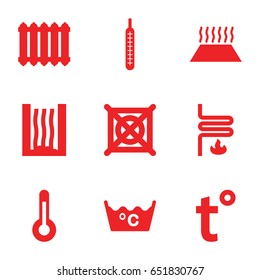 Temperature icons set. set of 9 temperature filled icons such as laundry, no dry cleaning, thermometer, heating system, temperature, radiator