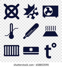 Temperature icons set. set of 9 temperature filled icons such as thermometer, no dry cleaning, air conditioner, cold and hot mode, radiator, heating system in car