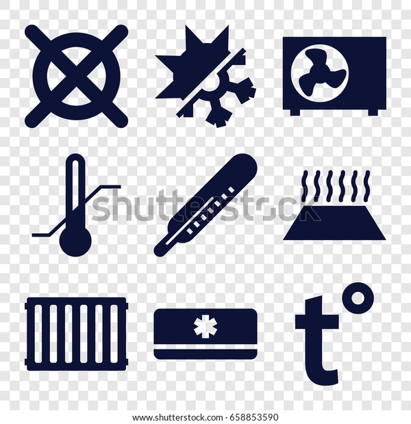 Temperature icons set. set of 9\
temperature filled icons such as thermometer, no dry cleaning, air\
conditioner, cold and hot mode, radiator, heating system in\
car
