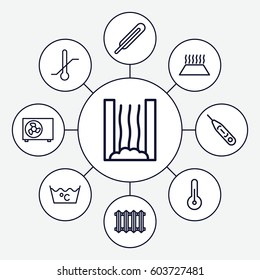 Temperature icons set. set of 9 temperature outline icons such as laundry, themometer, thermometer, air conditioner, temperature, radiator, heating system in car