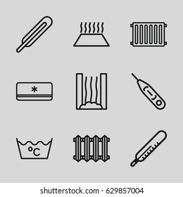 Temperature icons set. set of 9 temperature outline icons such as thermometer, laundry, themometer, air conditioner, radiator, heating system in car