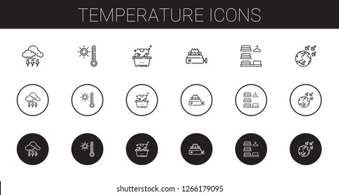 temperature icons set. Collection of temperature with storm, thermometer, laundry, stove, global warming. Editable and scalable temperature icons.