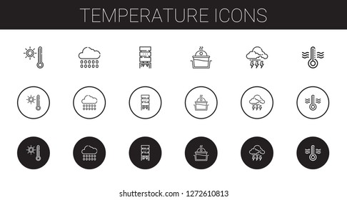 temperature icons set. Collection of temperature with thermometer, rain, water dispenser, laundry, storm. Editable and scalable temperature icons.