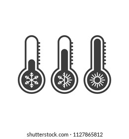 Temperature icons set in flat style. Simple meteorology thermometers measuring heat and cold isolated on white background. Thermometer showing hot, medium and cold weather. Vector illustration EPS 10.