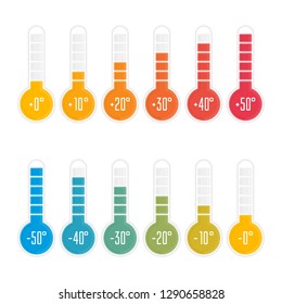 Temperature icons set in flat style. Simple meteorology thermometers measuring heat and cold isolated on white background. Thermometer showing hot, medium and cold weather. Vector illustration EPS 10.