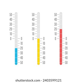 Temperature icons set in flat style. Simple meteorology thermometers measuring heat and cold.