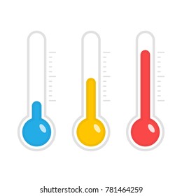 Temperature icons set in flat style. Simple meteorology thermometers measuring heat and cold isolated on white background. Thermometer showing hot, medium and cold weather. Vector illustration EPS 10.