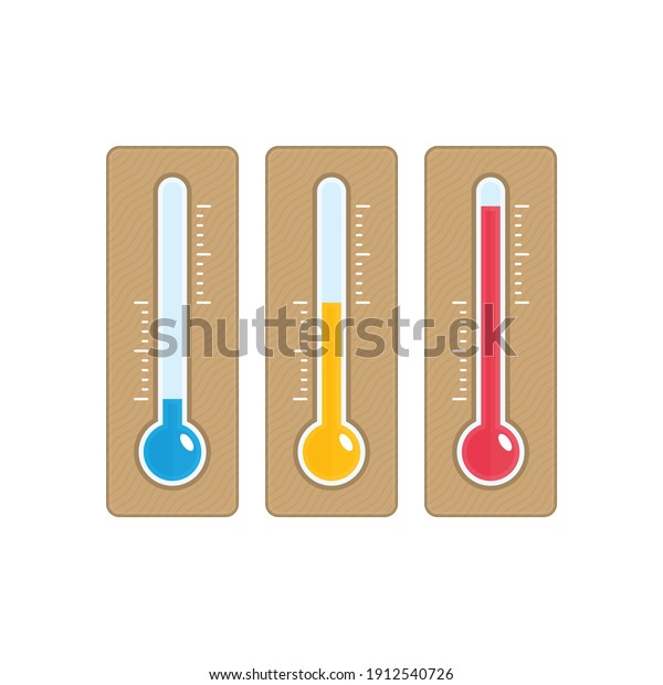 Temperature icons set in flat style. Simple\
meteorology thermometers measuring heat and cold isolated on white\
background. Thermometer showing hot, medium and cold weather.\
Vector illustration EPS\
10.
