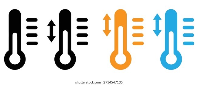 Ícones de temperatura mostrando os níveis de calor subindo e caindo, Sinal de tempo. Ícone de temperatura definido. Símbolo de frio quente, símbolo de escala de temperatura. Vetor de ações dos ícones do termômetro.