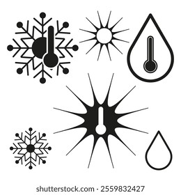 Temperature icons. Weather concept elements. Snowflake and sun. Droplet with thermometer.