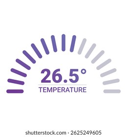Temperature indicator showing 26.5 degrees celsius or fahrenheit on round scale with purple to gray gradient from cold to hot