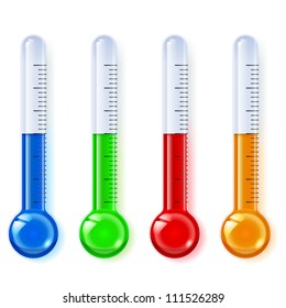 Temperature indicators, glassware, blue, green, red, orange, on a white background