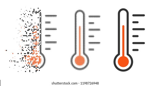 Temperature level icon in dispersed, dotted halftone and undamaged entire variants. Cells are organized into vector dispersed temperature level symbol. Disappearing effect involves rectangular dots.