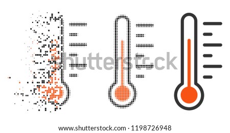 Temperature level icon in dispersed, dotted halftone and undamaged entire variants. Cells are organized into vector dispersed temperature level symbol. Disappearing effect involves rectangular dots.