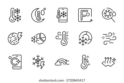Conjunto de iconos de línea de temperatura. Refrigeración por aire, ventilador, humedad, circulación de aire, ventilación, fiebre, alta temperatura, brújula, sol, nube Dentro de la línea delgada paquete de iconos