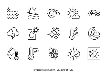 ícone Linha de temperatura definido. Arrefecimento do ar, ventilador, umidade, circulação do ar, ventilação, febre, alta temperatura, bússola, sol, nuvem Ui fina linha ícone pack