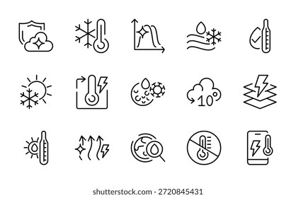 Conjunto de iconos de línea de temperatura. Refrigeración por aire, ventilador, humedad, circulación de aire, ventilación, fiebre, alta temperatura, brújula, sol, nube Dentro de la línea delgada paquete de iconos