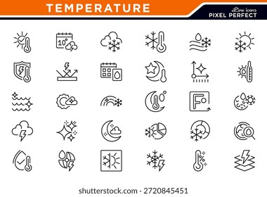 Conjunto de iconos de línea de temperatura. Refrigeración por aire, ventilador, humedad, circulación de aire, ventilación, fiebre, alta temperatura, brújula, sol, nube Dentro de la línea delgada paquete de iconos