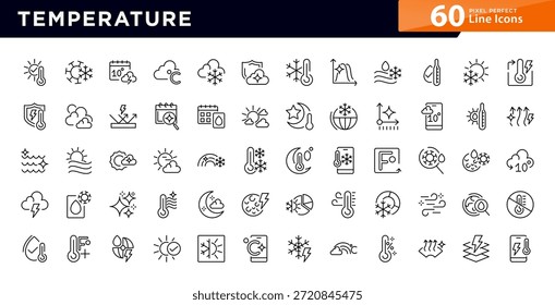 Temperature Line icon set. Air cooling, fan, humidity, air circulation, ventilation, fever, high temperature, compass, sun, cloud Ui thin line icon pack