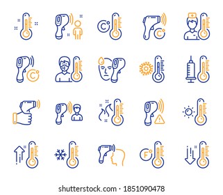 Temperature line icons. Thermometer, Check body temperature, Fever diagnostic. Coronavirus control, flu check, disease inspect line icons. 2019-ncov protective measures, body heat. Vector