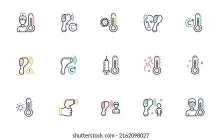 Temperature line icons. Thermometer, Check body temperature, Fever diagnostic. Coronavirus control, flu check, disease inspect line icons. 2019-ncov protective measures, body heat. Vector