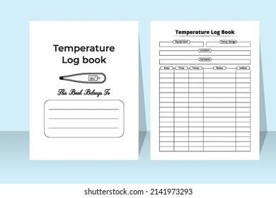 Temperature log book interior with a thermometer. Patient body heat tracker and medication planner journal. Interior of a notebook. Fever temperature tracker and patient information logbook.