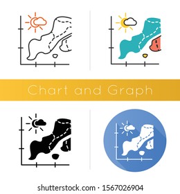 Temperature Map Icon. Weather Forecast. Information Graph, Data Chart. Seismic Activity. Climate Change Overcast. Statistics Report. Flat Design, Linear And Color Styles. Isolated Vector Illustrations